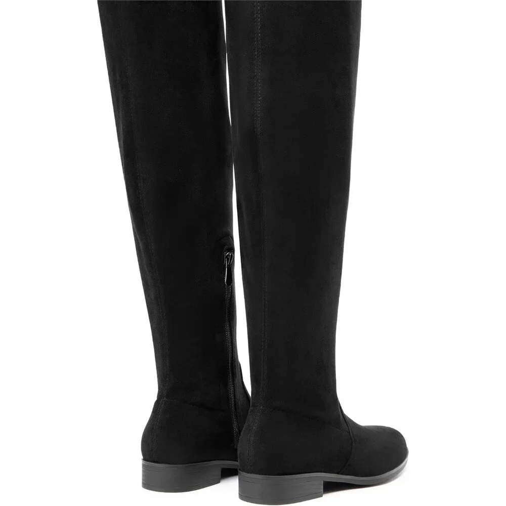 Women's Black-suede Thigh High Low Block Heel Casual Fashion Over the Knee Boots